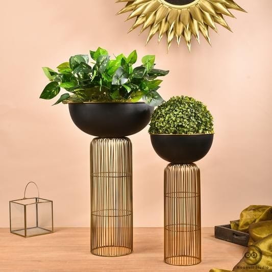 Metal Floor Planters with black bowl pots